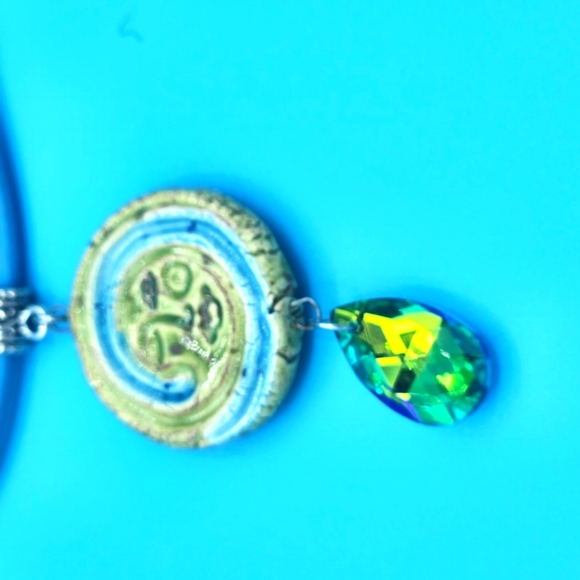 Homemade Jewelry - Green and Blue Face Ceramic Pendant Necklace With Crystal Dangle
